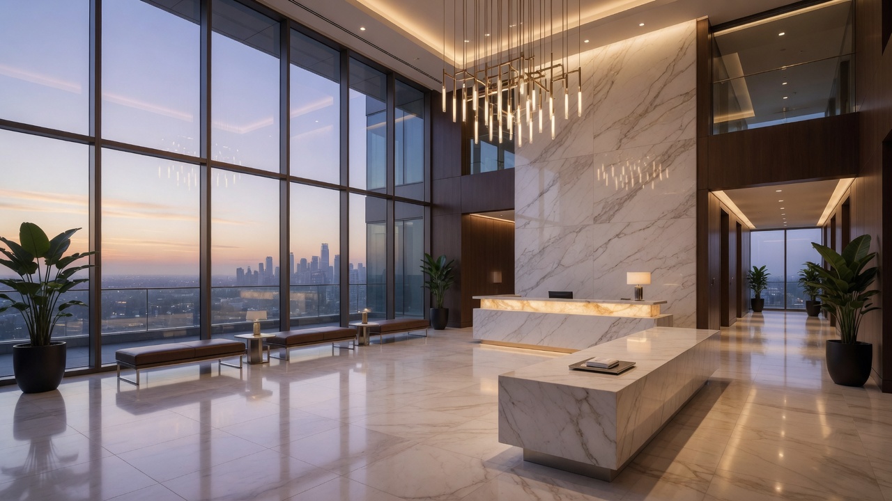 Class A office lobby at dawn — immaculate